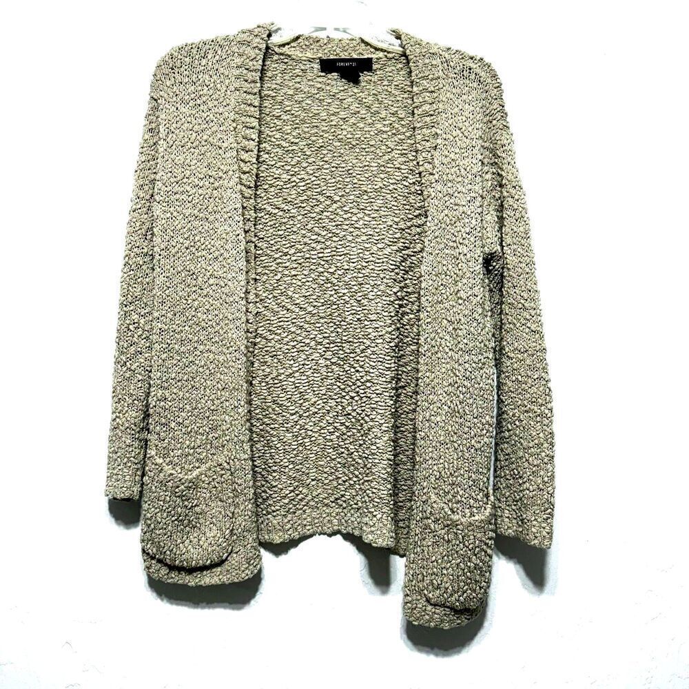 Forever 21 Cardigan Sweater Tan Brown 3/4 Sleeve Knit Open Front Womens sz Small